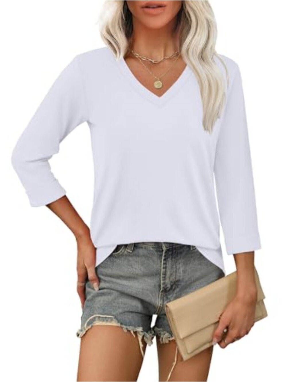 Womens 3/4 Sleeve Blouse V Neck Loose Fit Flowy Lightweight Cotton Blend - Picture 2 of 6